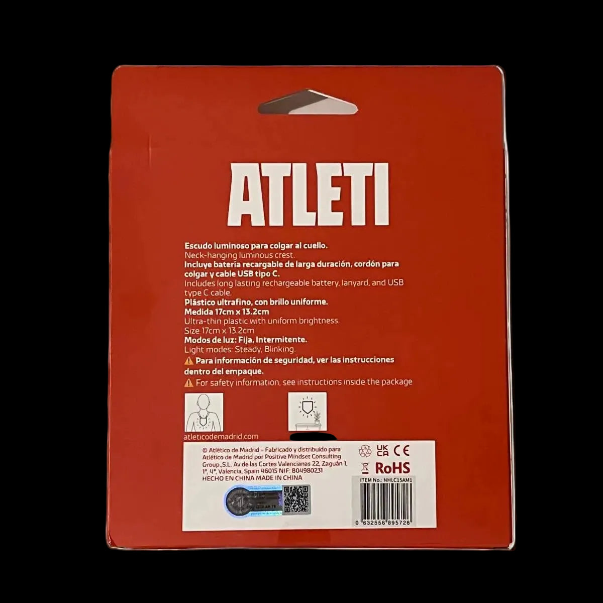 Escudo Iluminado Atlético De Madrid | Lanyard Oficial, Batería Recargable USB-C, 2 Modos de Luz para Llevar al Cuello