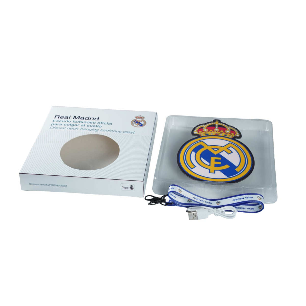 Escudo Iluminado Real Madrid | Lanyard Oficial, Batería Recargable USB-C, 3 Modos de Luz para Llevar al Cuello