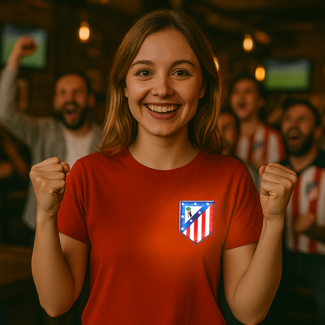 Persona utilizando el escudo oficial iluminado del Atlético de Madrid en una mochila, camiseta o bufanda