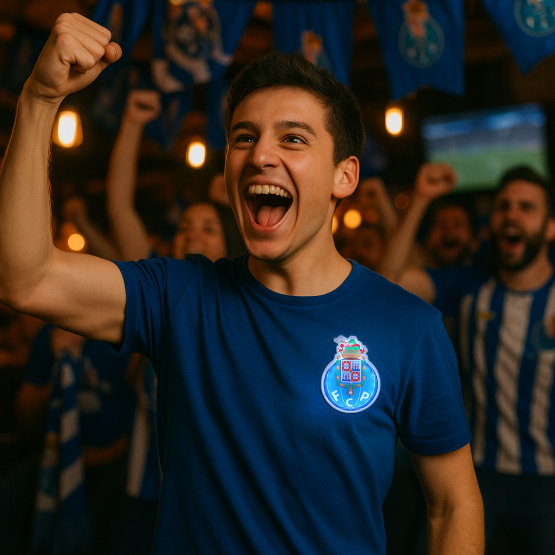 Pessoa a usar o emblema oficial iluminado do FC Porto numa mochila, casaco ou camisola