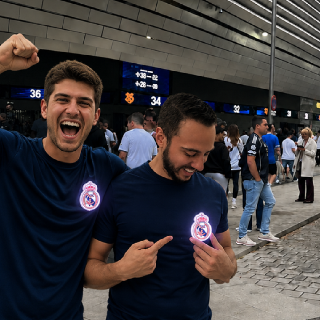 Persona llevando el escudo oficial iluminado del Real Madrid en una camiseta