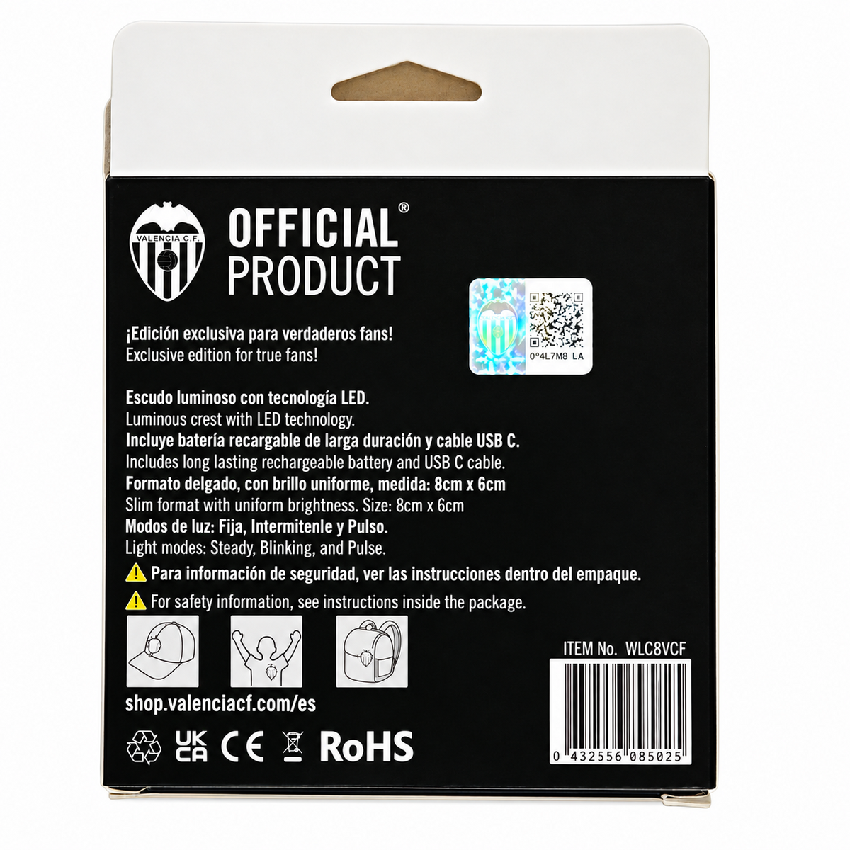Packaging oficial del escudo iluminado del Valencia CF Pin Led de Official Crests con holograma de autenticidad