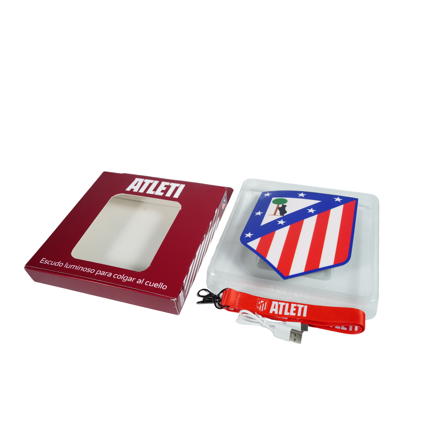 Escudo Iluminado Atlético De Madrid | Lanyard Oficial, Batería Recargable USB-C, 2 Modos de Luz para Llevar al Cuello