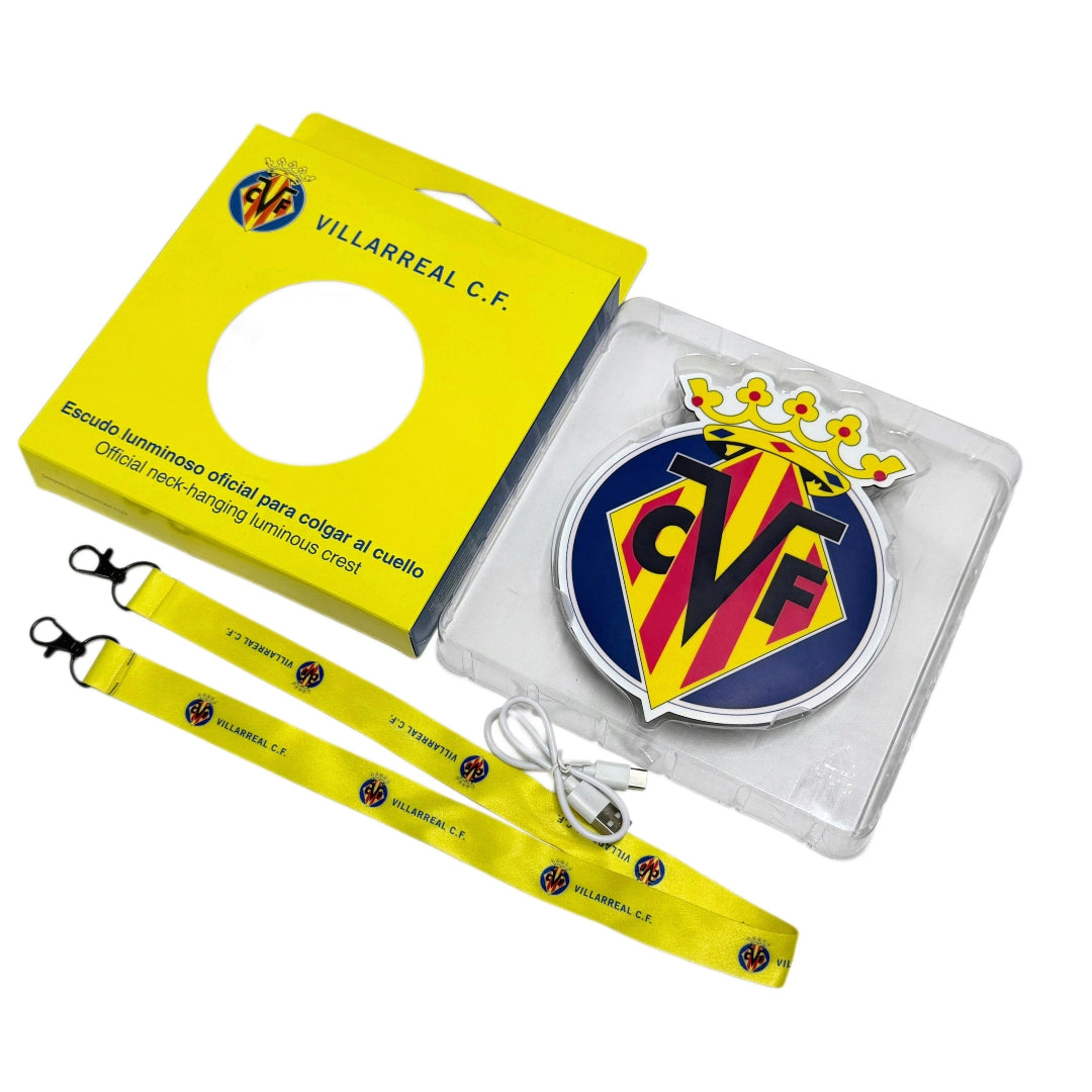 Escudo Iluminado Villarreal CF | Lanyard Oficial, Batería Recargable USB-C, 3 Modos de Luz para Llevar al Cuello