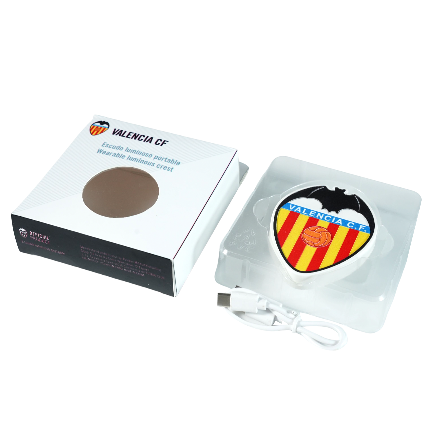 Escudo Valencia CF Portátil con luz LED, Batería Recargable, 3 Modos de Luz