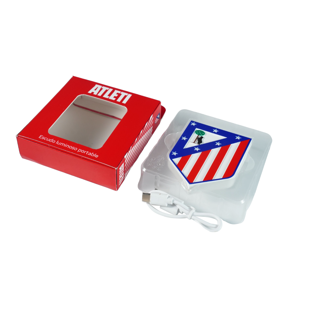 Contenido de la caja del escudo oficial iluminado del Atlético de Madrid con cable USB-C incluido