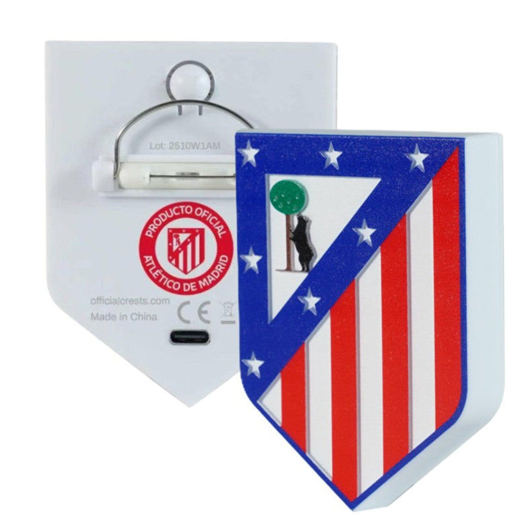 Vista frontal y trasera del escudo oficial iluminado del Atlético de Madrid de Official Crests
